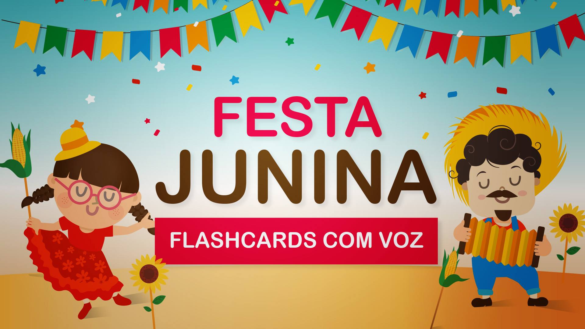 dois caipiras dancando , menino e menina, bandeirinhas. escrito - festa junina - flashcards.