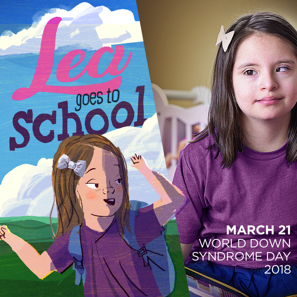 Foto de menina ao lado de poster de divulgacao do livro lea goes to school.
